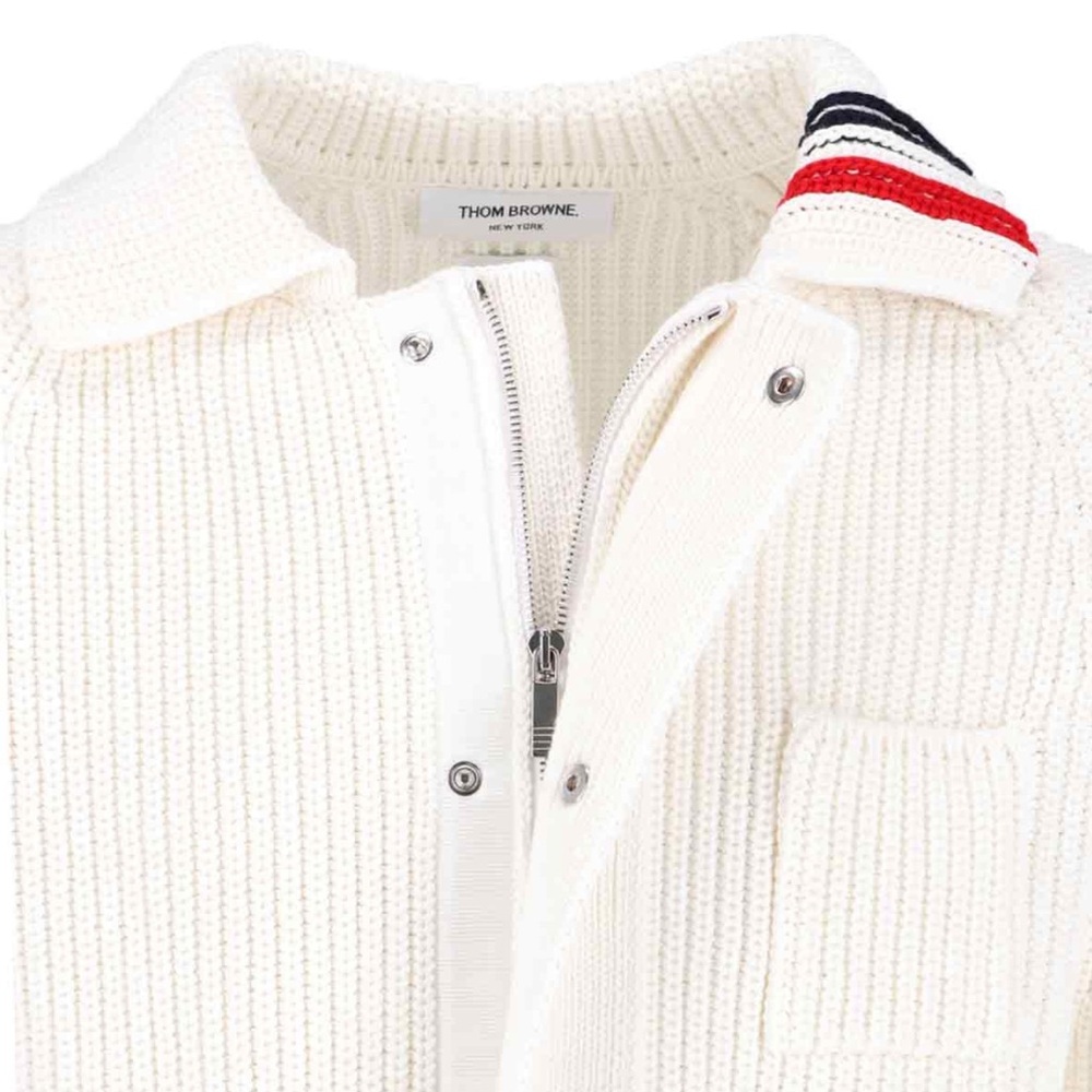 Thom Browne Ivory Knit Cardigan with Striped Collar - size small